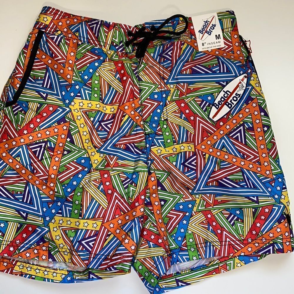 🔥Beach Bros angled flag rainbow beach,pool short sz M New